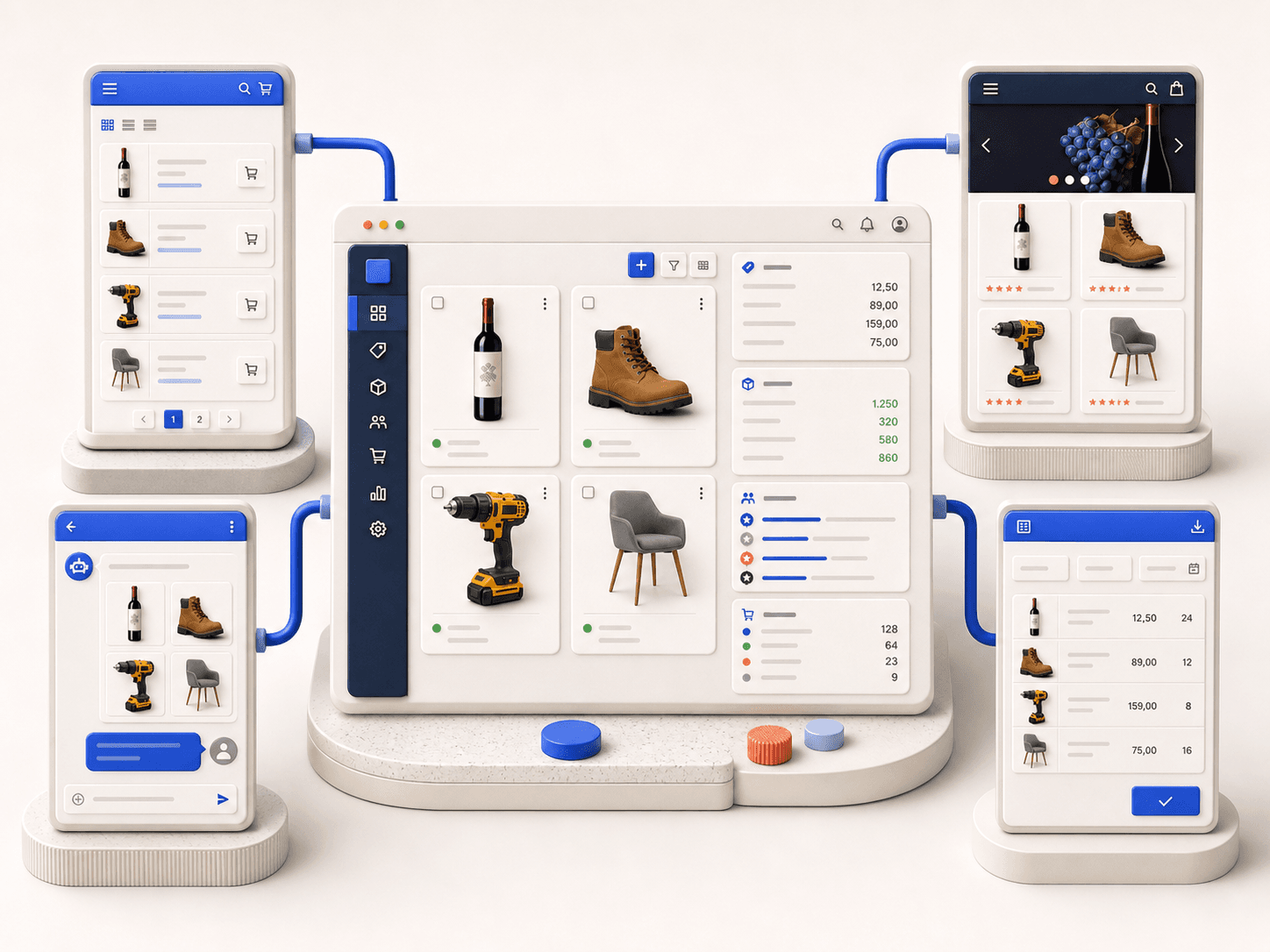 Catálogo central de productos conectado a canales B2B, D2C, venta conversacional y órdenes de compra